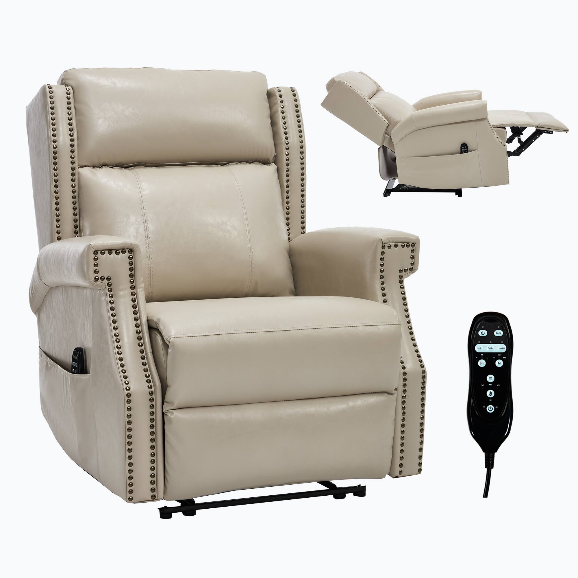 Angle. LUCKY ONE - Vintage Waxed Leather Manual Recliner Chair with 3 Massage Modes and 155° Reclining Function - Beige.