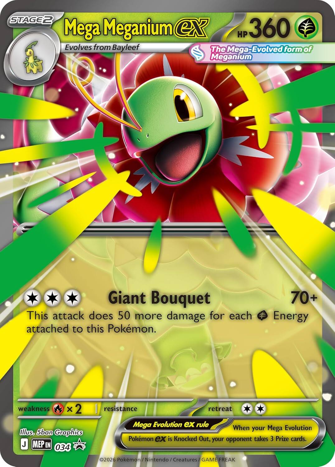 STAGE2 Mega Meganium ex  
HP 360  
Evolves from Bayleef  
The Mega-Evolved form of Meganium  

Giant Bouquet  
This attack does 50 more damage for each attached to this Pokémon.  
70+ Energy  

weakness x 2  
resistance  
retreat  

Mega Evolution ex rule  
When your Mega Evolution Pokémon ex is Knocked Out, your opponent takes 3 Prize cards.  

Illus. 5ban Graphics  
J MEP EN 034  

©2026 Pokémon, Nintendo Creatures