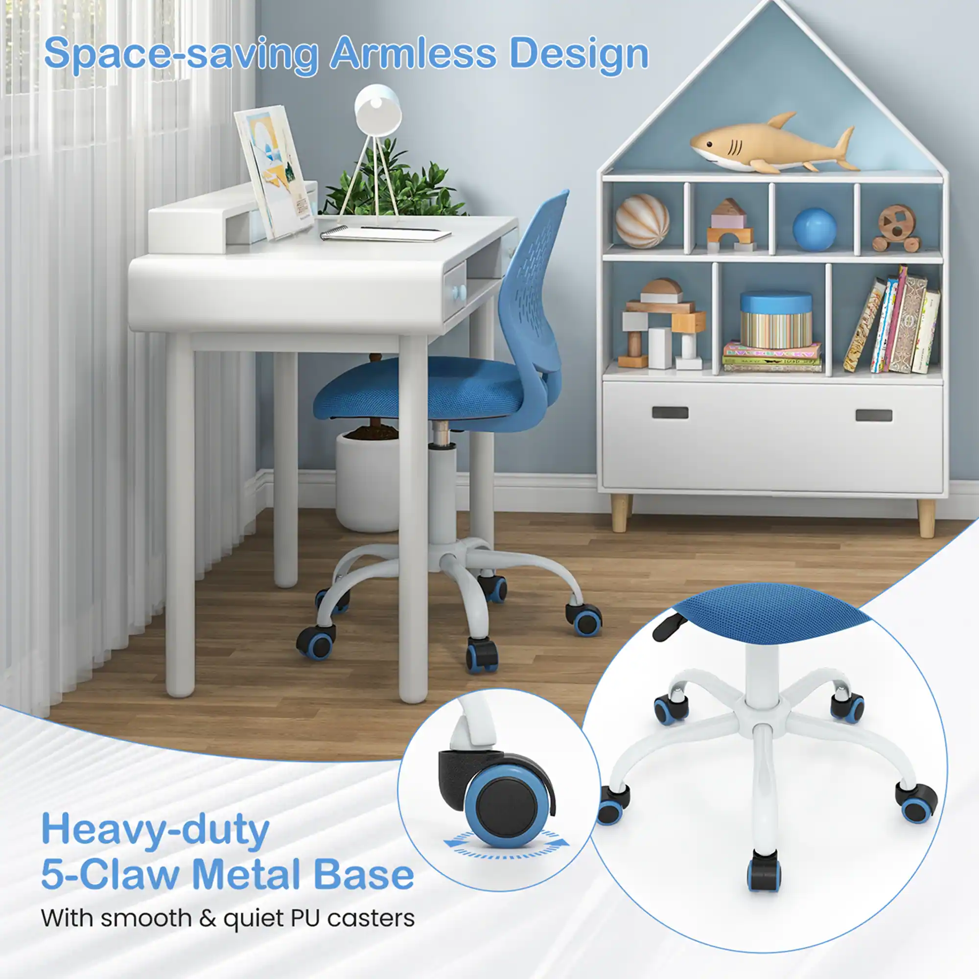 Space-saving Armless Design, Heavy-duty 5-Claw Metal Base, With smooth & quiet PU casters