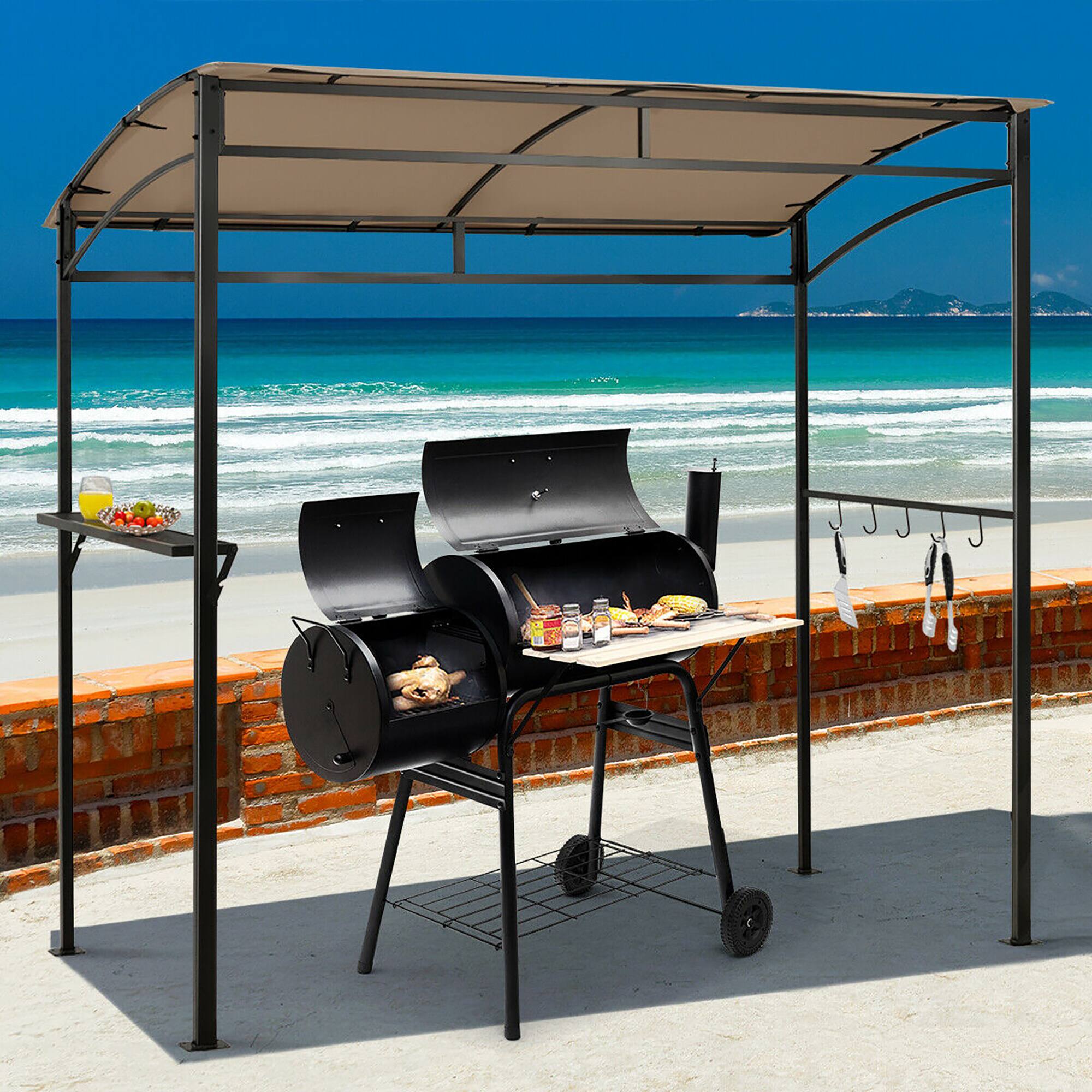 Alt View 1. Costway - Costway 7'x4.5' Grill Gazebo Outdoor Patio Garden BBQ Canopy Shelter Storage Hook - Brown.