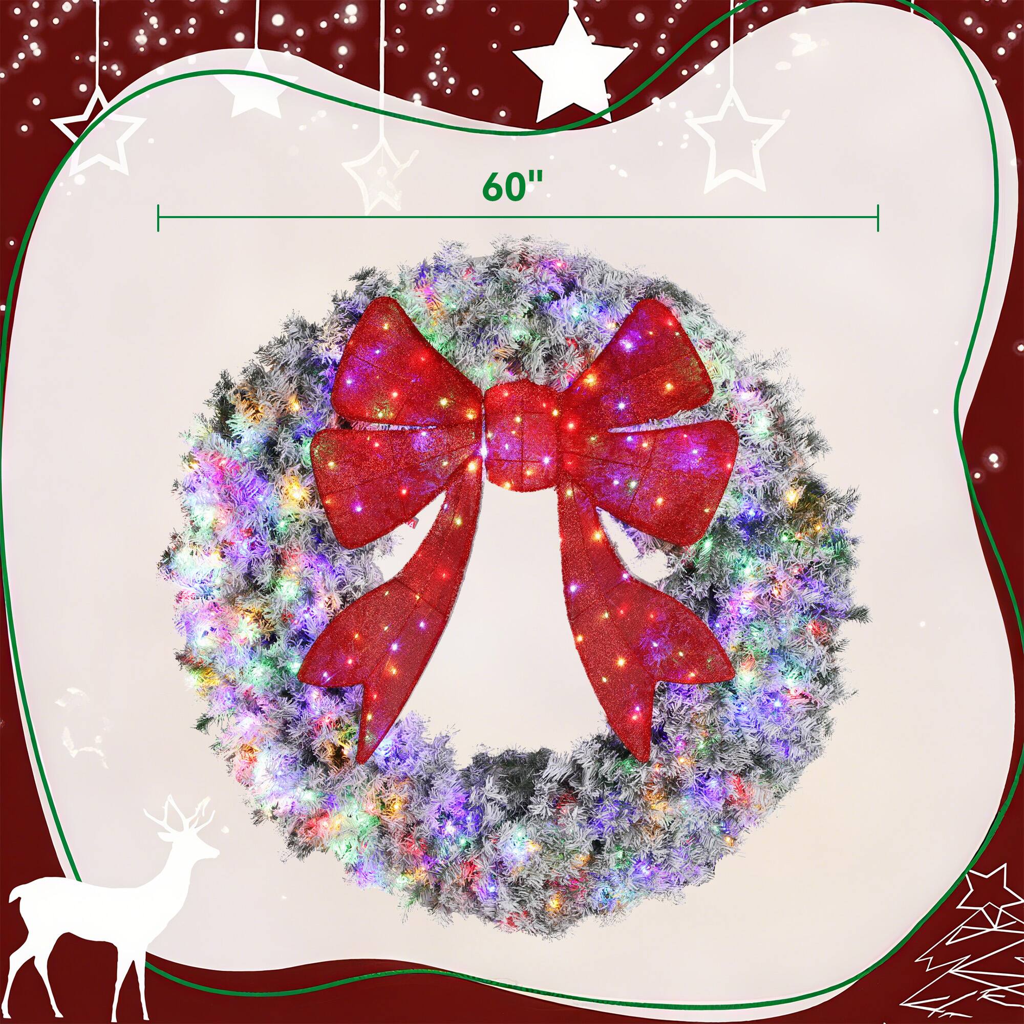Alt View 2. Homcom - 60in Pre-Lit Flocked Xmas Wreath, 3D Red Bow, 300 LEDs, 11 Modes, Remote, 996 Tips, Indoor Outdoor - Green.