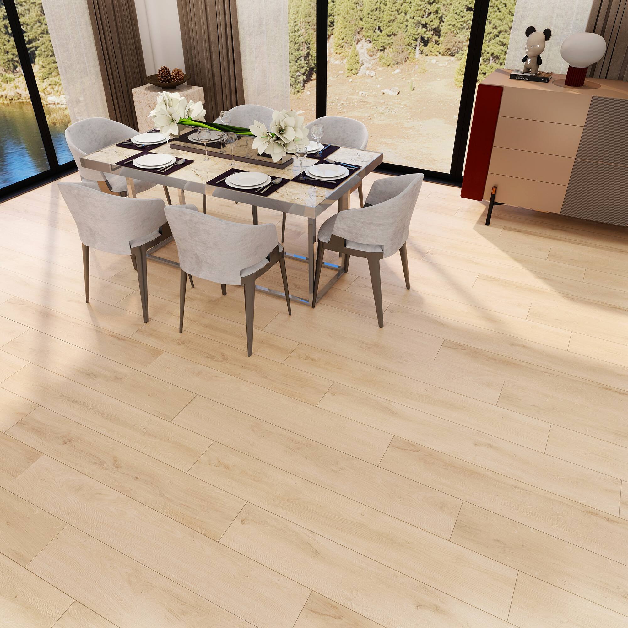 Angle. Dotfloor - Superoak SEKET Laminate Flooring - 48"x7.7" Planks, 8 Planks/Box (20.56 sq ft/Box), 12mm Thick, AC4 Wear Rating - Light Canoy.