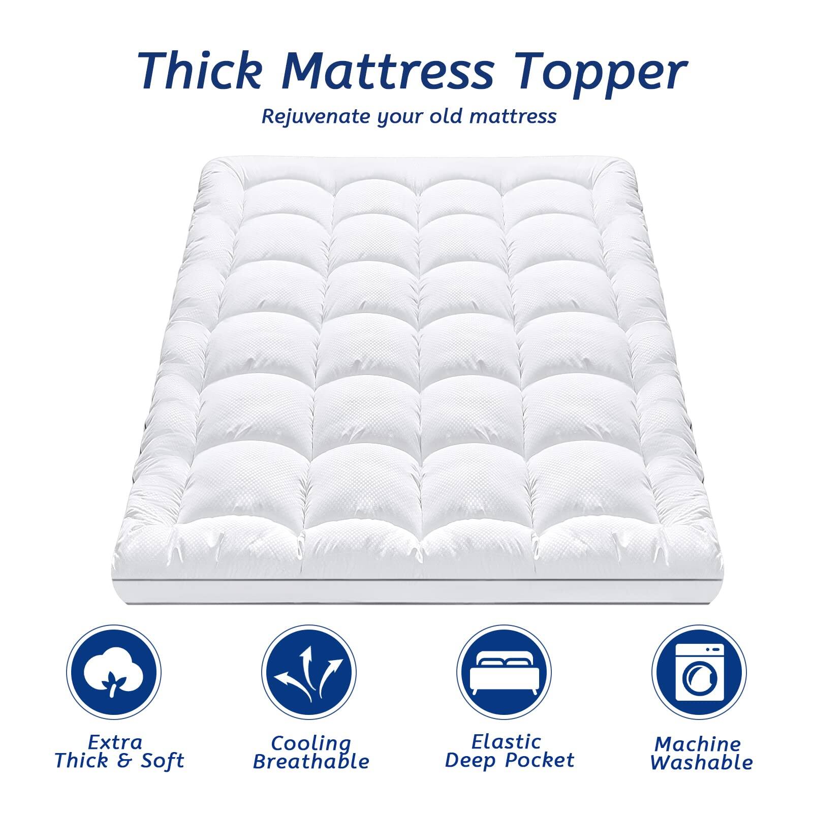 Thick Mattress Topper  
Rejuvenate your old mattress  

Extra Thick & Soft  
Cooling Breathable  
Elastic Deep Pocket  
Machine Washable