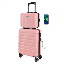 Brick Attic - 20" Carry On Luggage 14" Mini Cosmetic Cases Luggage Sets Hardside PC ABS Lightweight USB Suitcase with Wheels TSA - Pink
