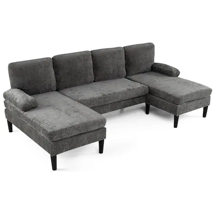 Front. Costway - Costway Sectional Couch, Chenille Upholstered Sofa Couch with Double Chaise for Home Office - Gray.