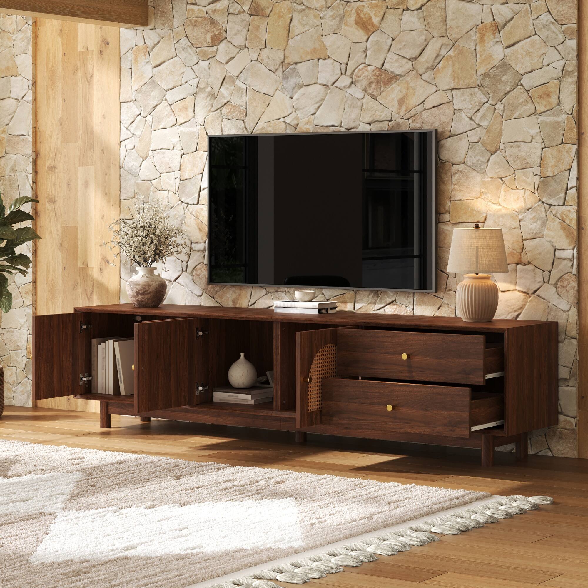 Left. MERAVOM - Rattan TV Stand for 85 Inch TVs, Entertainment Center with Storage Cabinets and Drawers, Media Console for Living Room - Walnut.