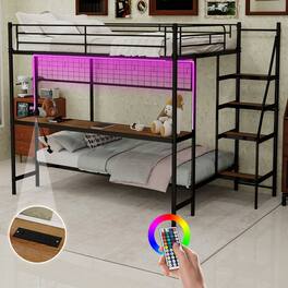 Loheer - Full Over Twin Metal Bunk Bed with Desk and LED Lights Black Loft Bed Frame - Antique Black