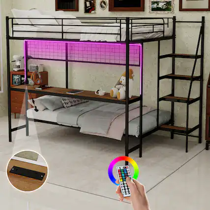 Front. Loheer - Loheer Full Over Twin Metal Bunk Bed with Desk and LED Lights Black Loft Bed Frame - Antique Black.