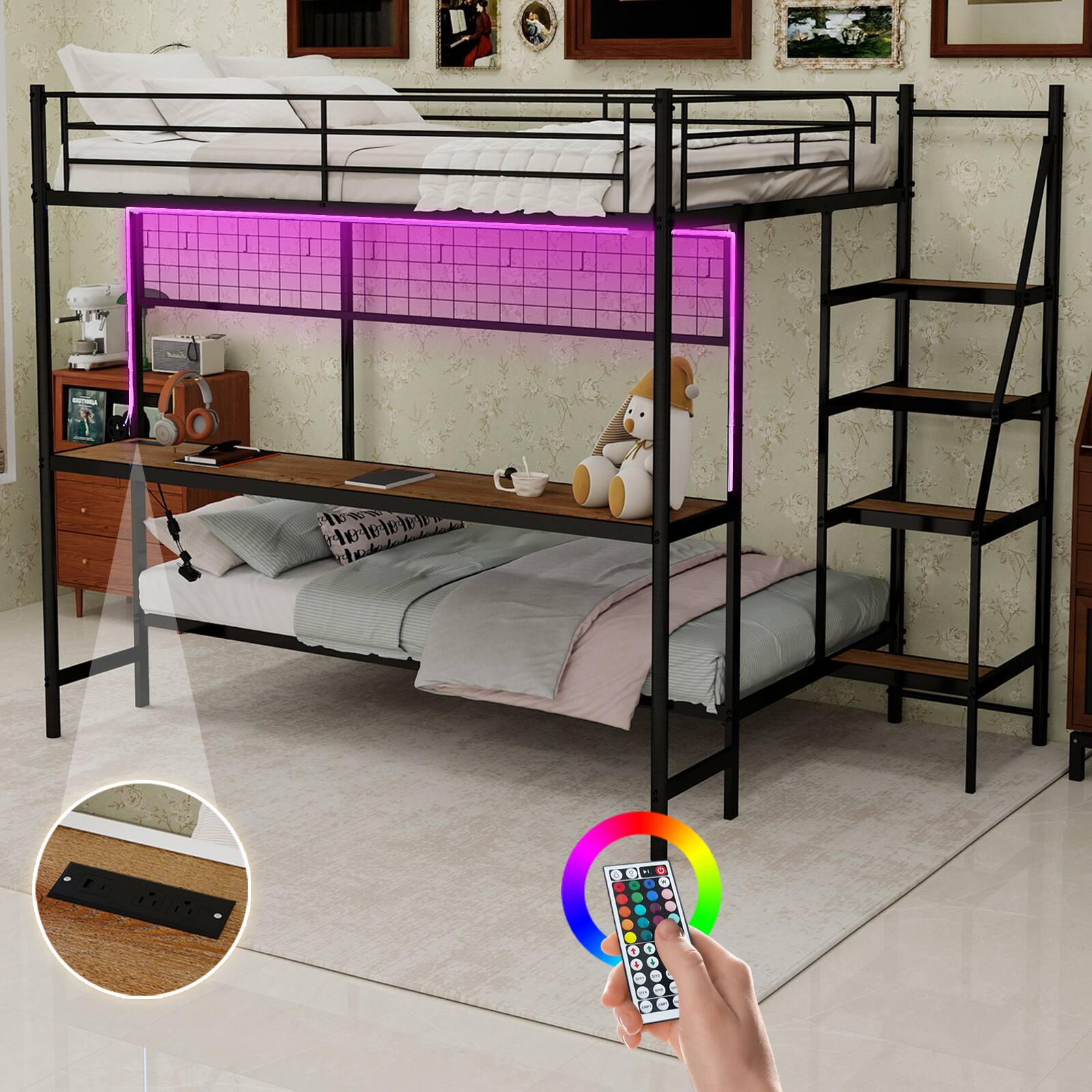 Front. Loheer - Loheer Full Over Twin Metal Bunk Bed with Desk and LED Lights Black Loft Bed Frame - Antique Black.