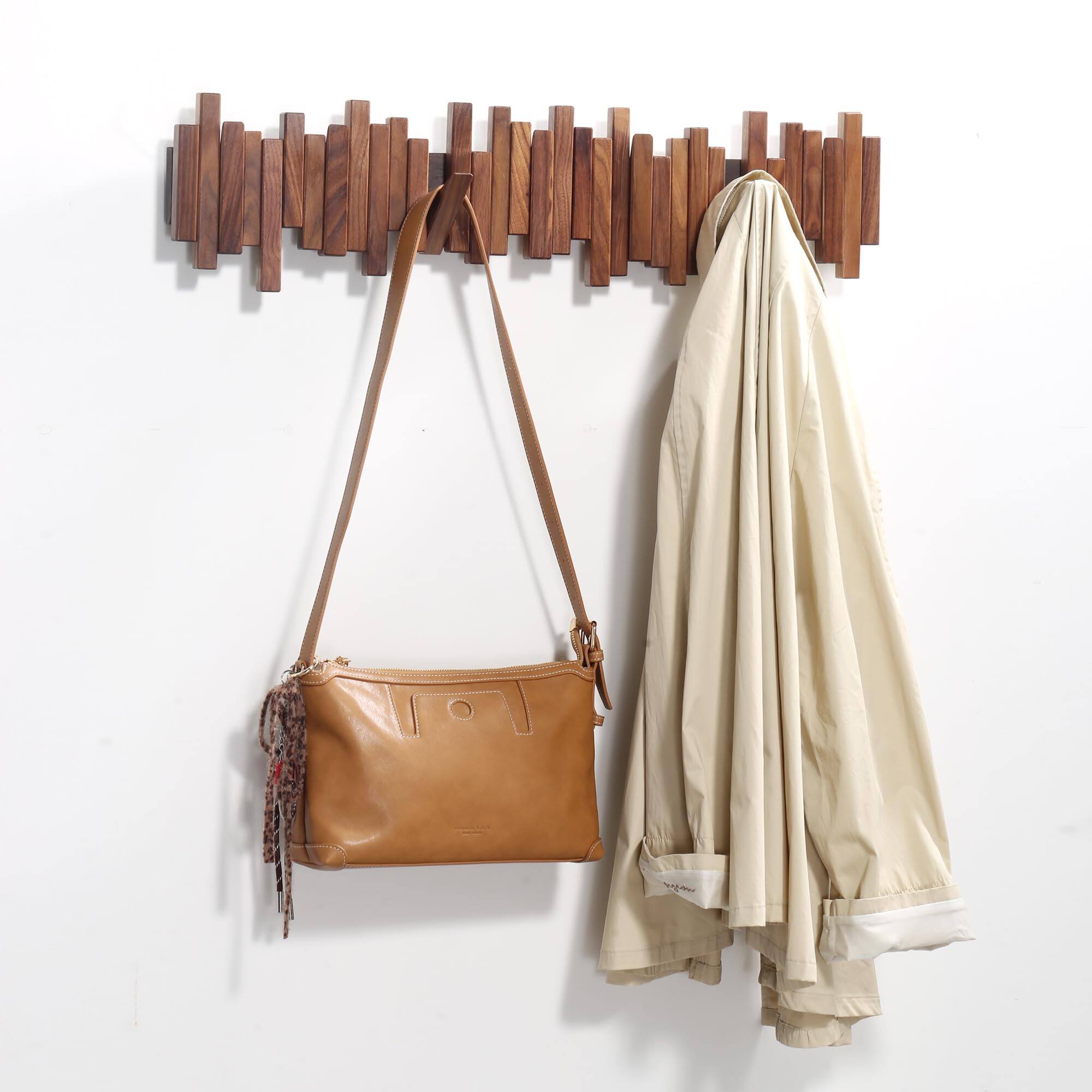 Left. HM 1810 - Wooden Coat Rack Wall Mounted Sticks Multi Solid Handmade Walnut Wood Artwork With 5 Flip-down Modern Hooks... - Walnut 5-hooks.