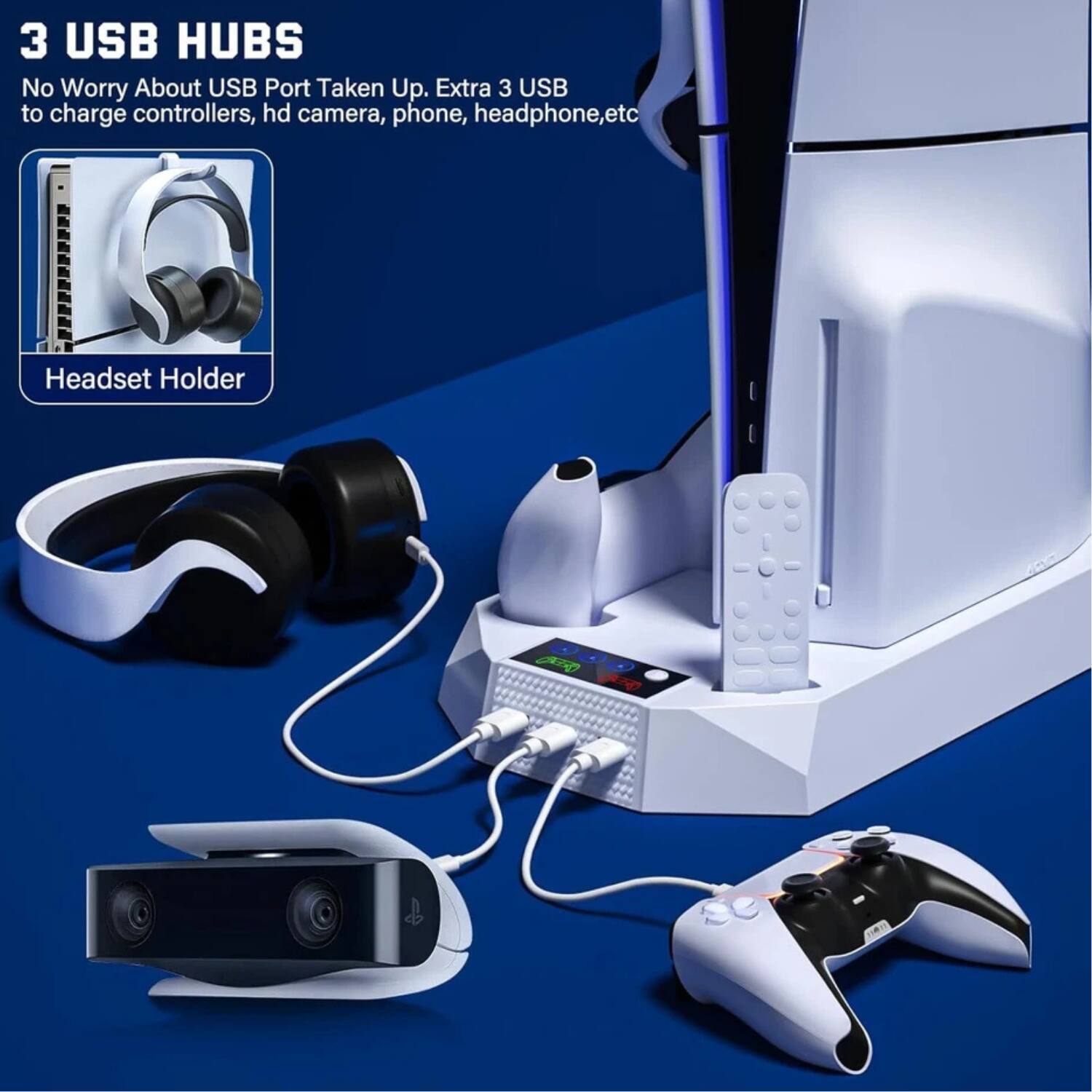 3 USB HUBS  
No Worry About USB Port Taken Up. Extra 3 USB to charge controllers, hd camera, phone, headphone, etc.  
Headset Holder
