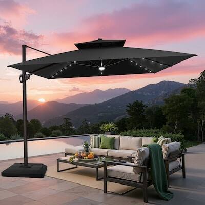Alt View 5. Crestlive Products - Crestlive Products 11x11ft Aluminum Cantilever Patio Umbrella with Lights with Base - Black.