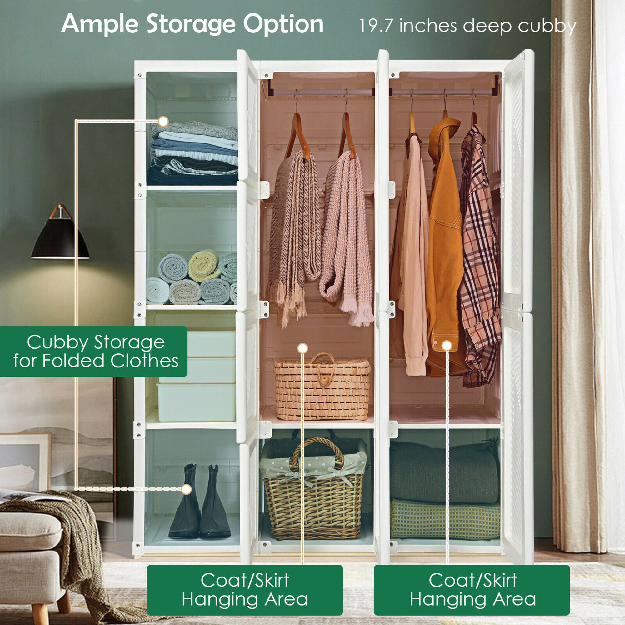 Ample Storage Option

19.7 inches deep cubby

Cubby Storage for Folded Clothes

Coat/Skirt Hanging Area

Coat/Skirt Hanging Area