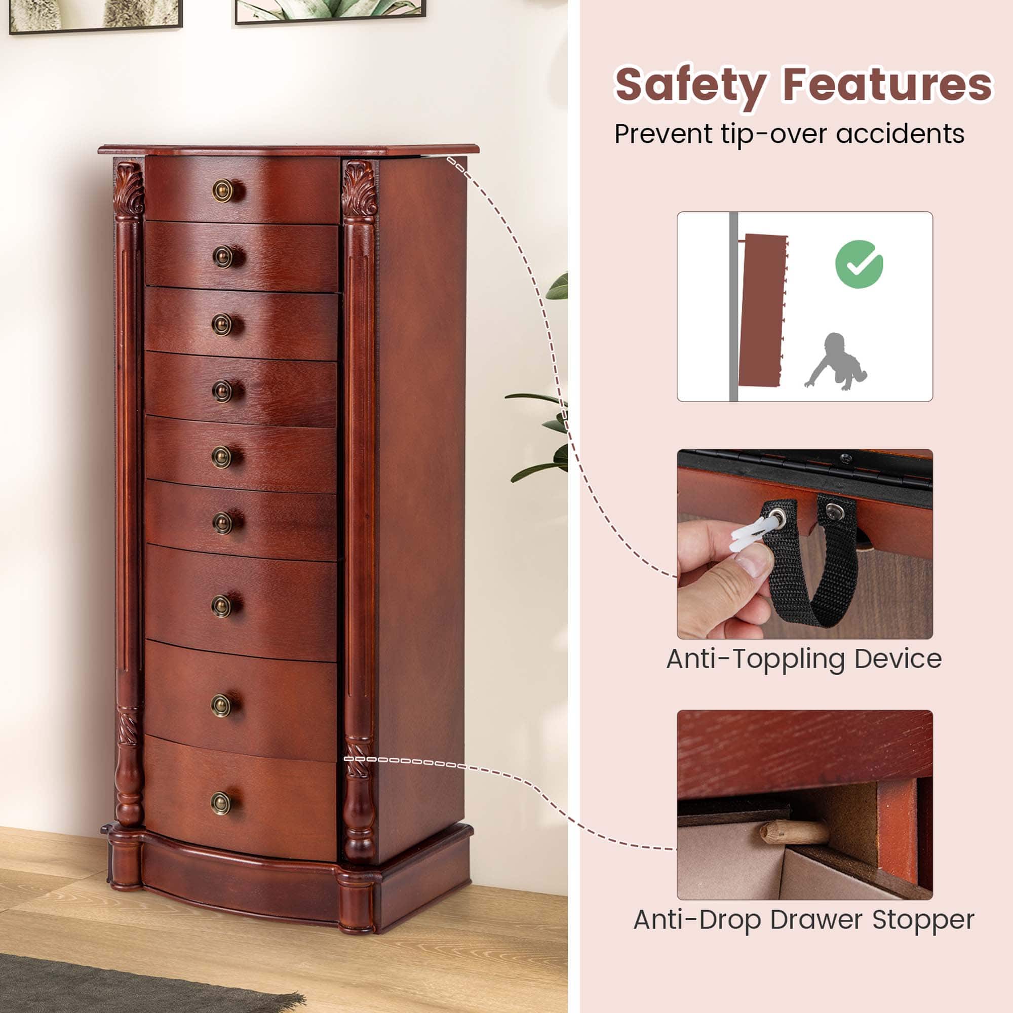 The image features a wooden dresser with a drawer and a cabinet. The dresser has a safety features label, which highlights the anti-toppling device and anti-drop drawer stopper. These features are designed to prevent tip-over accidents and ensure the safety of the user. The image also shows a hand holding a key, indicating that the dresser has a locking mechanism to secure its contents.