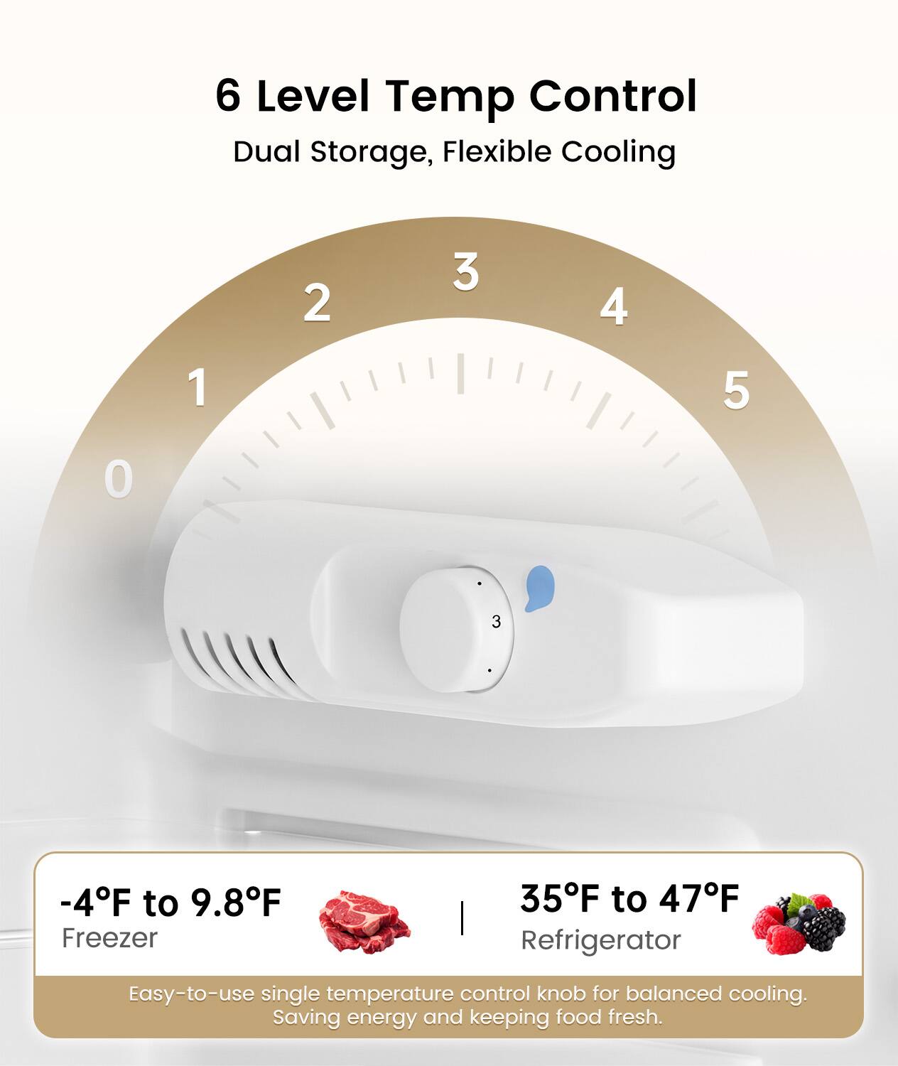6 Level Temp Control Dual Storage, Flexible Cooling

-4F to 9.8F Freezer
35F to 47F Refrigerator

Easy-to-use single temperature control knob for balanced cooling. Saving energy and keeping food fresh.