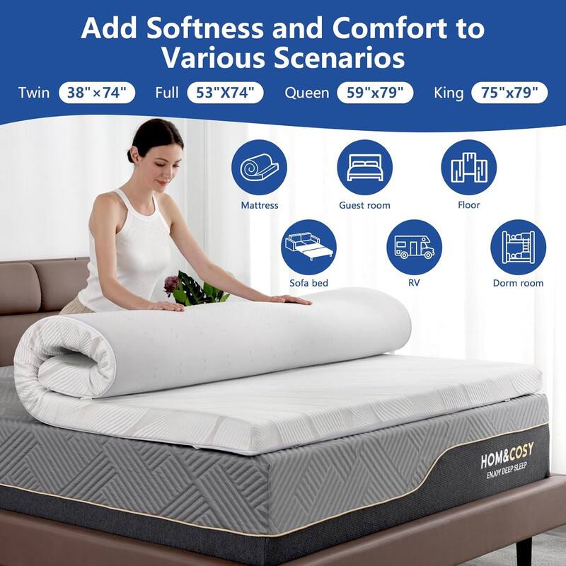 Add Softness and Comfort to Various Scenarios

Twin 38" x 74"  
Full 53" x 74"  
Queen 59" x 79"  
King 75" x 79"

- Mattress
- Guest room
- Floor
- Sofa bed
- RV
- Dorm room

HOM&COSY  
ENJOY DEEP SLEEP