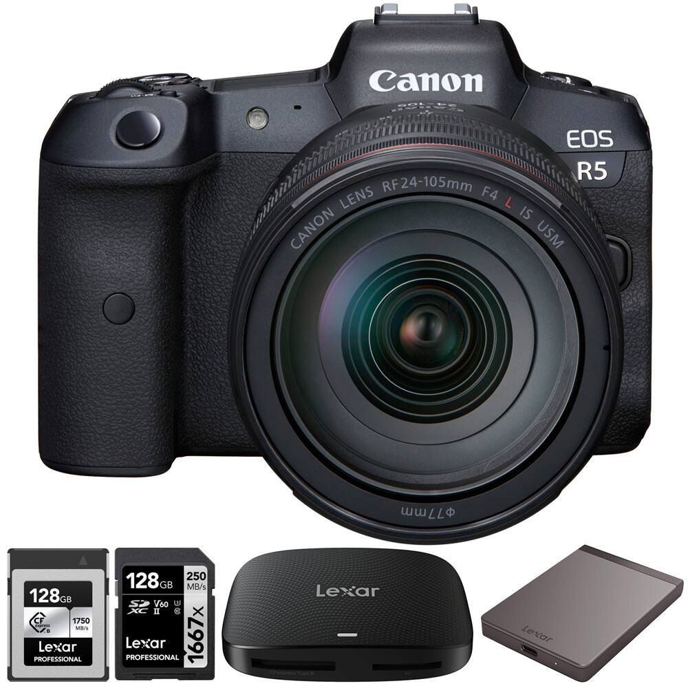 Canon EOS R5  
RF24-105mm F4 L IS USM  

Lexar Professional 128GB CFexpress Type B  
1750 MB/s  

Lexar Professional 128GB SDXC UHS-II  
250 MB/s  
1667x  

Lexar Professional USB 3.1 Flash Drive  
Lexar Professional USB 3.1 Flash Drive