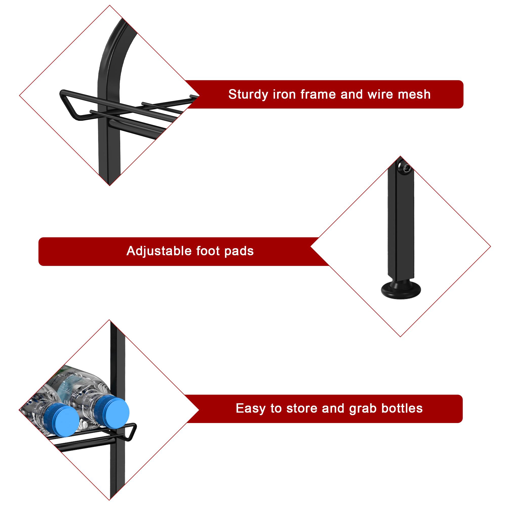 Sturdy iron frame and wire mesh  
Adjustable foot pads  
Easy to store and grab bottles