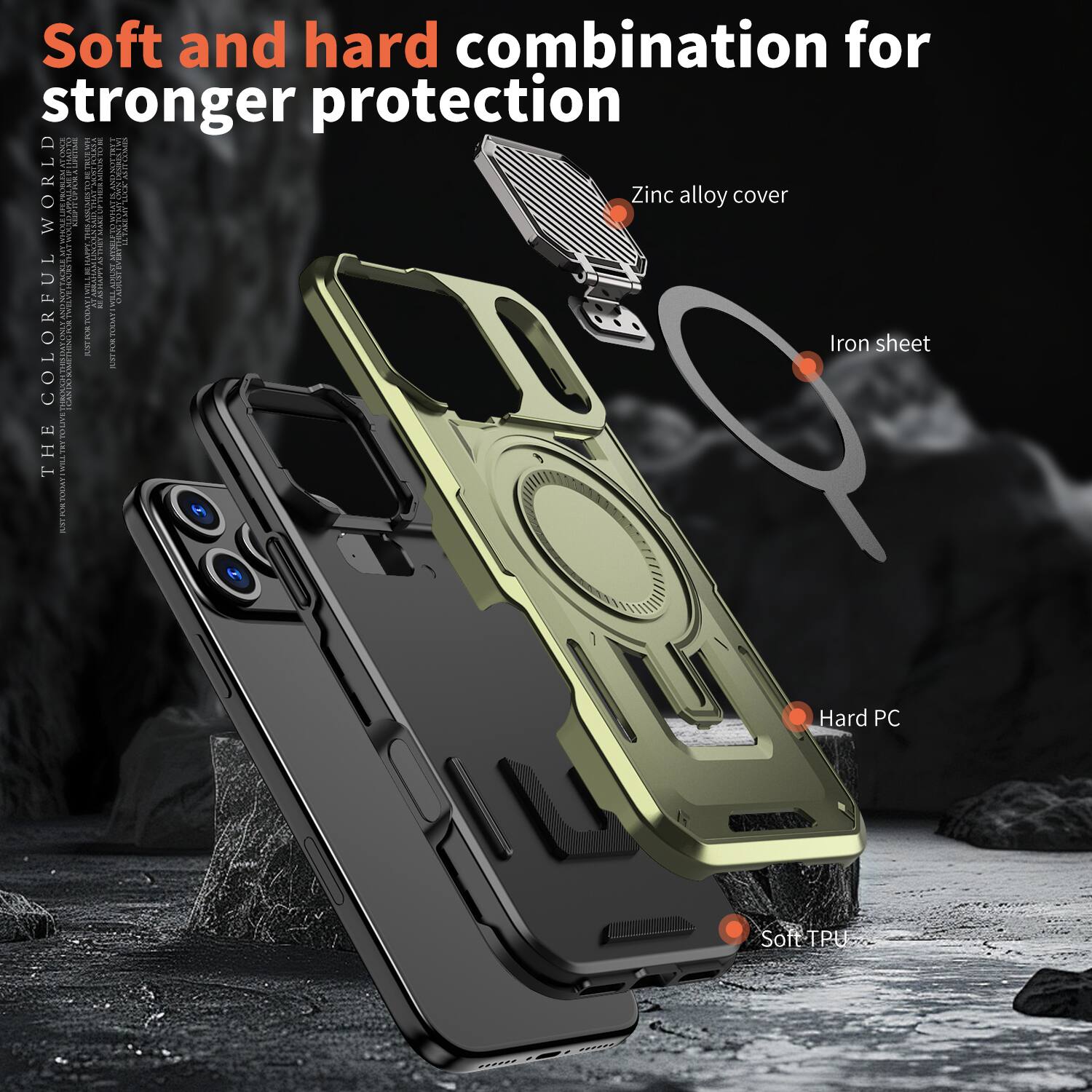 Soft and hard combination for stronger protection

- Zinc alloy cover
- Iron sheet
- Hard PC
- Soft TPU