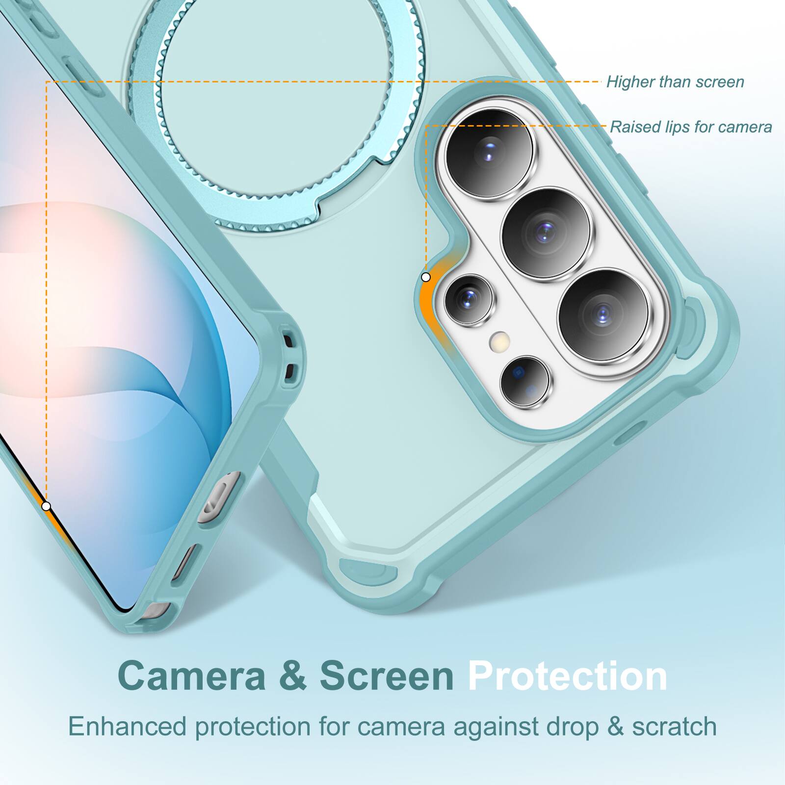 Higher than screen  
Raised lips for camera  
Camera & Screen Protection  
Enhanced protection for camera against drop & scratch