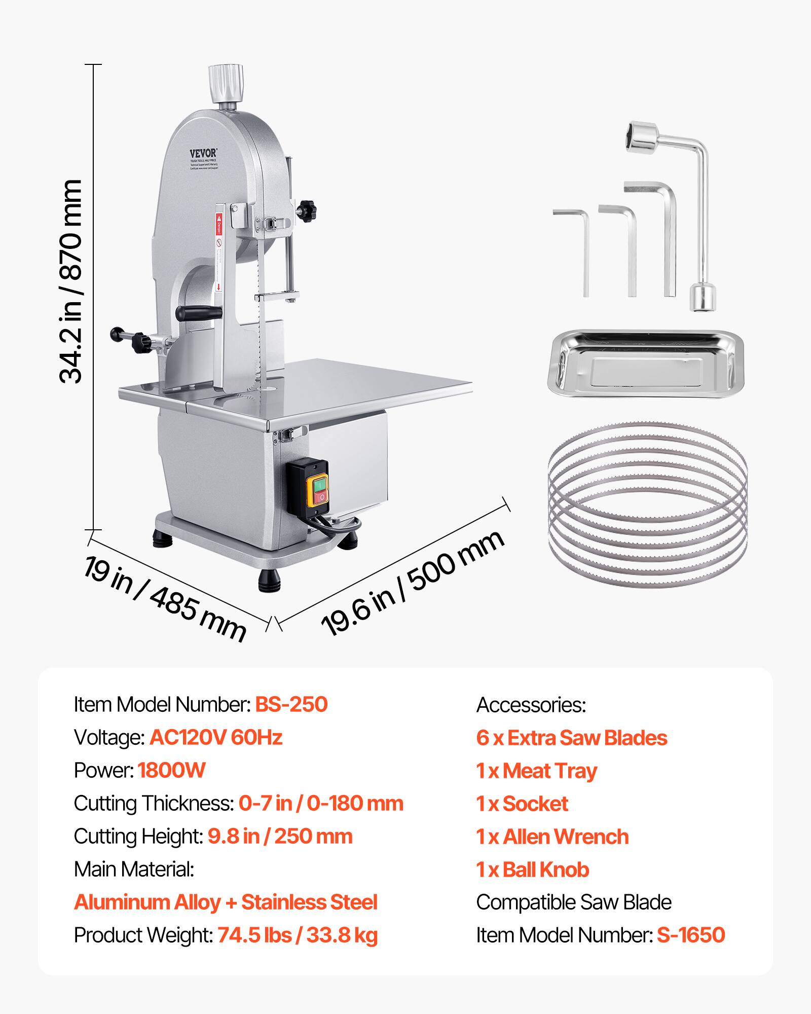 VEVOR Commercial Electric Meat Bandsaw, 1800W Stainless Steel ...