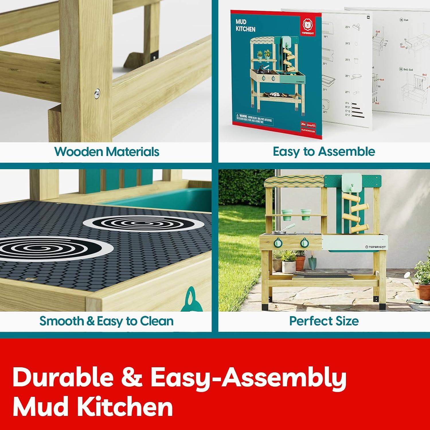 MUD KITCHEN O - m o . -- T 5 .. F - I 2 ! ! 3 - i an - - wG - - IE S i As te  Ire Wooden Materials Easy to Assemble TUPERST Smooth & Easy to Clean Perfect Size Durable & Easy-Assembly Mud Kitchen