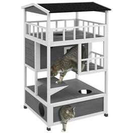 Pawhut - Wooden Outdoor Cat House, Feral Cat Shelter Kitten Condo with Asphalt Roof, Escape Doors, Condo, Jumping Platform