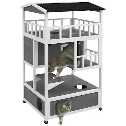 Front. Pawhut - Wooden Outdoor Cat House, Feral Cat Shelter Kitten Condo with Asphalt Roof, Escape Doors, Condo, Jumping Platform.