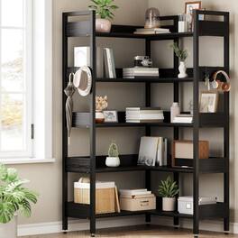 Jojoka - Corner Bookshelf, 5-Tier L-Shaped Industrial Bookcase, Convertible Storage Display Shelf for Living Room or Office - Black