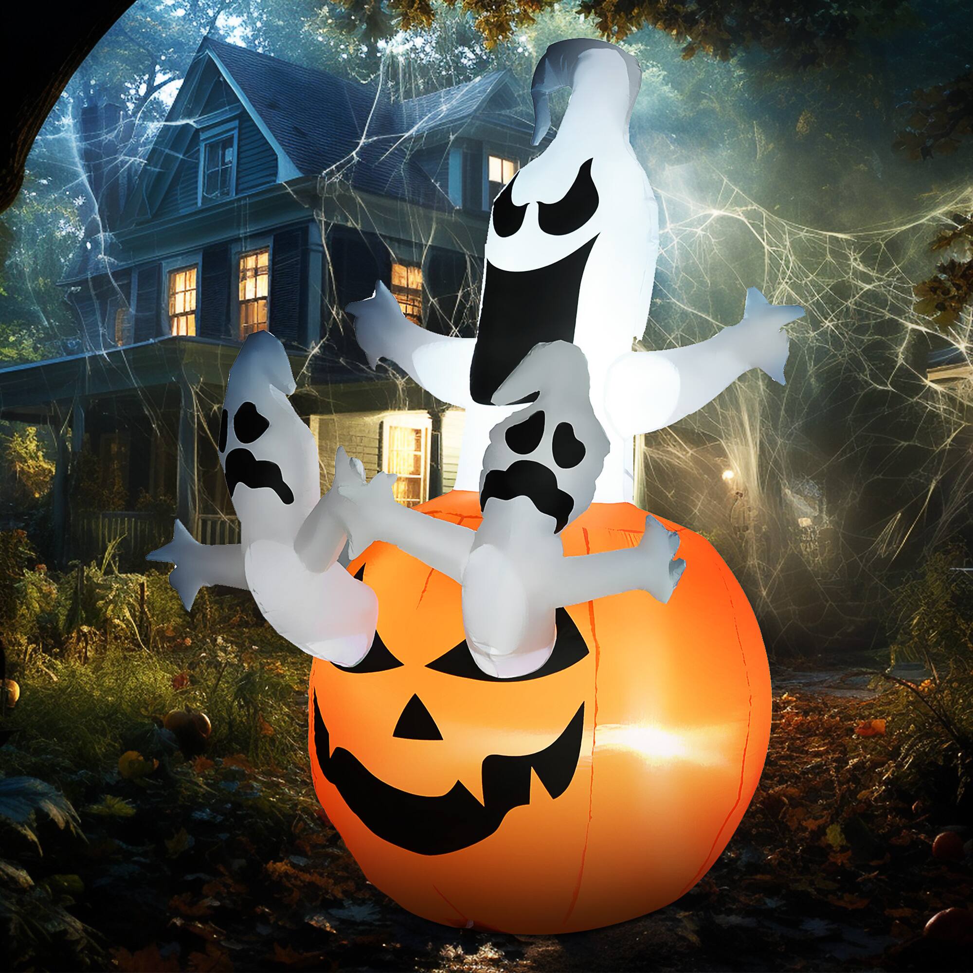 Alt View 1. Homcom - 6' Halloween Inflatables Outdoor Decorations Jack-O-Lantern Pumpkin and Ghosts , Blow Up LED Yard Decor for Garden - White.
