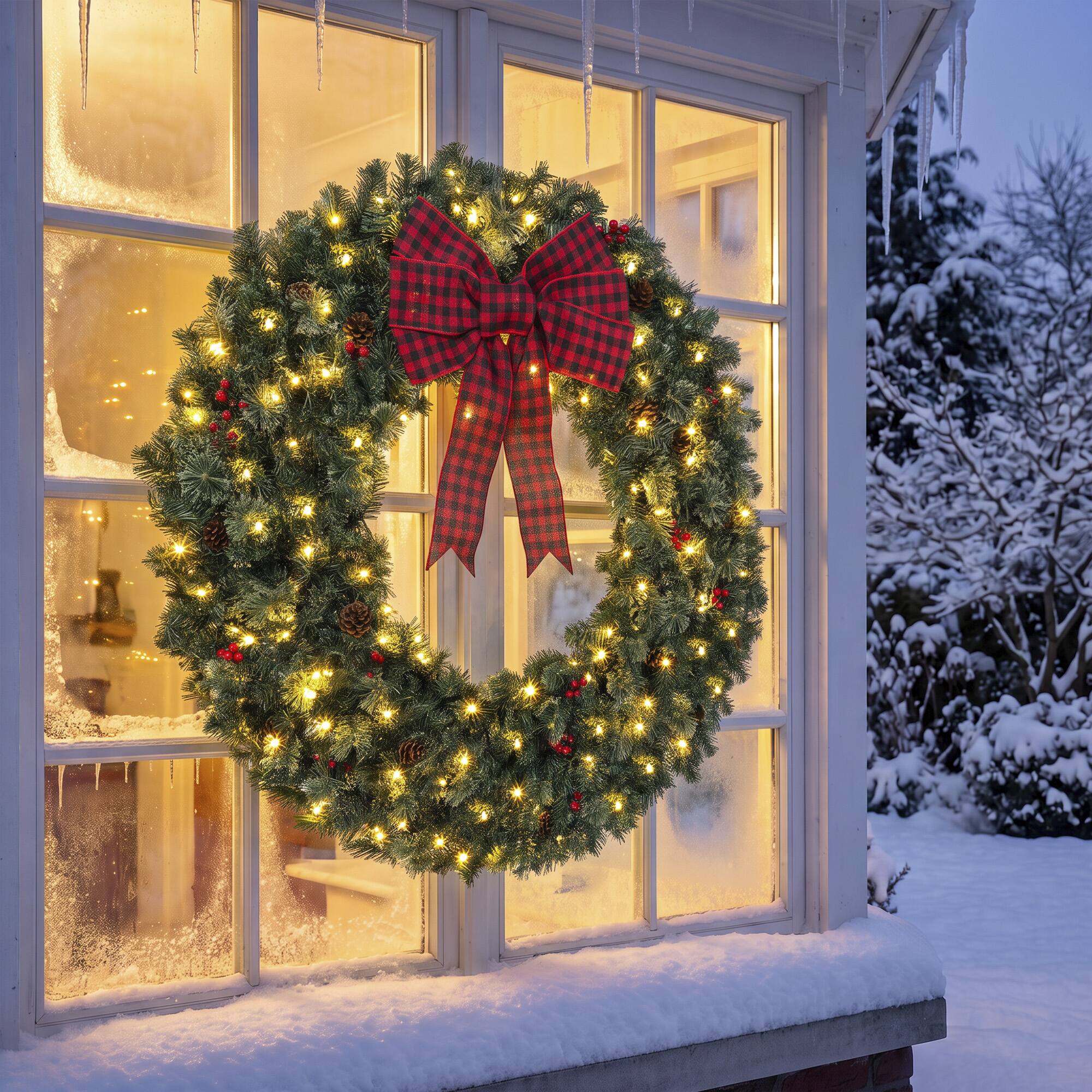 Alt View 1. Homcom - Prelit Crestwood Spruce Artificial Christmas Wreath, Christmas Decor with Bow, 8 Modes - Green.