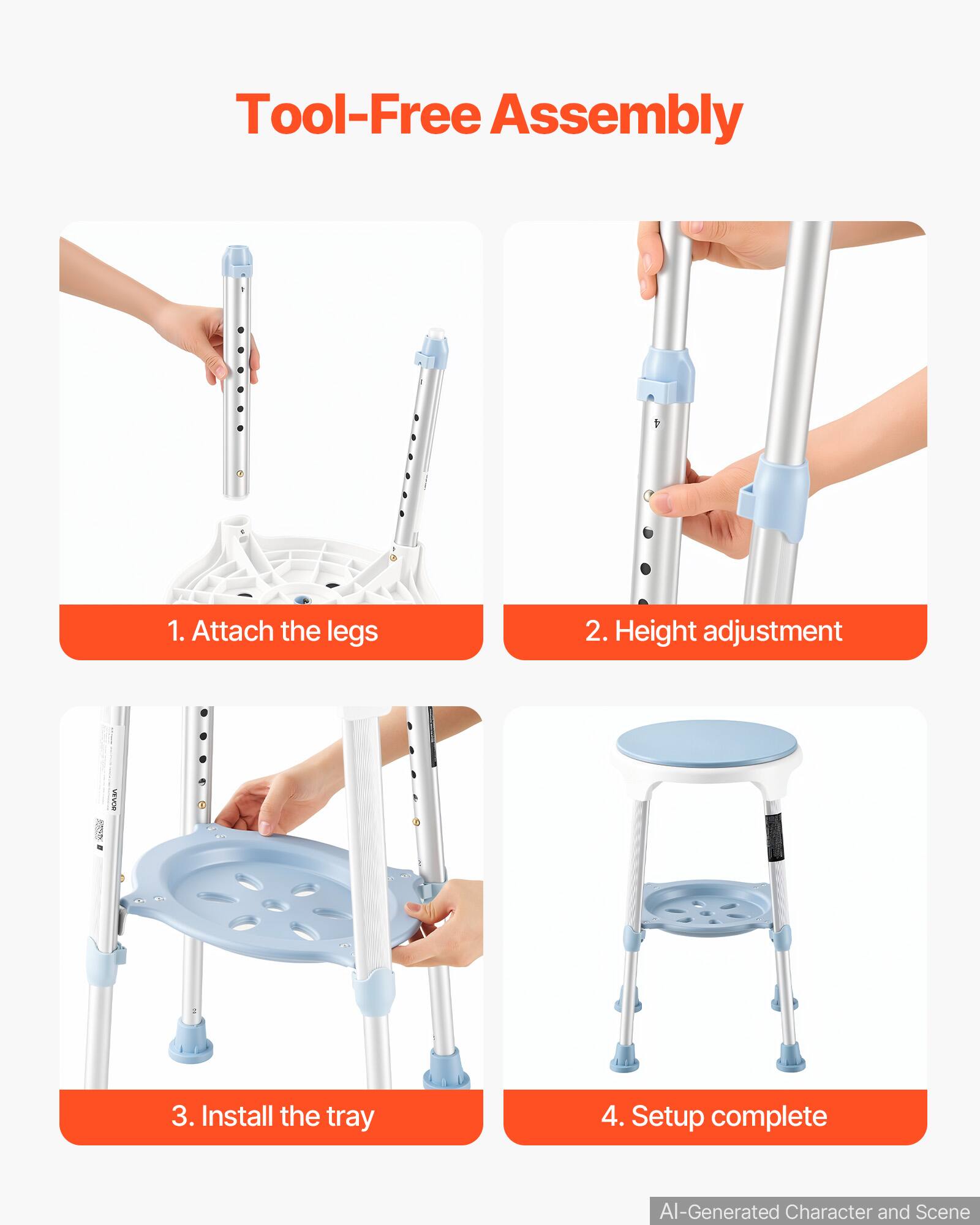 Tool-Free Assembly

1. Attach the legs
2. Height adjustment
3. Install the tray
4. Setup complete

AI-Generated Character and Scene