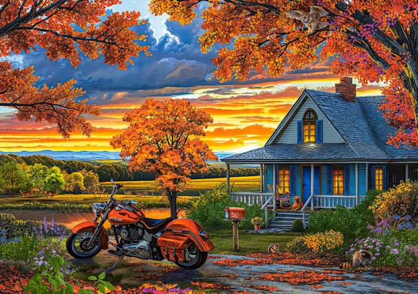 Front. Castorland - CASTORLAND 500 Piece Jigsaw Puzzles, Autumn Ride, Motorcycle, sunset, Classic, B-54077 - Red.