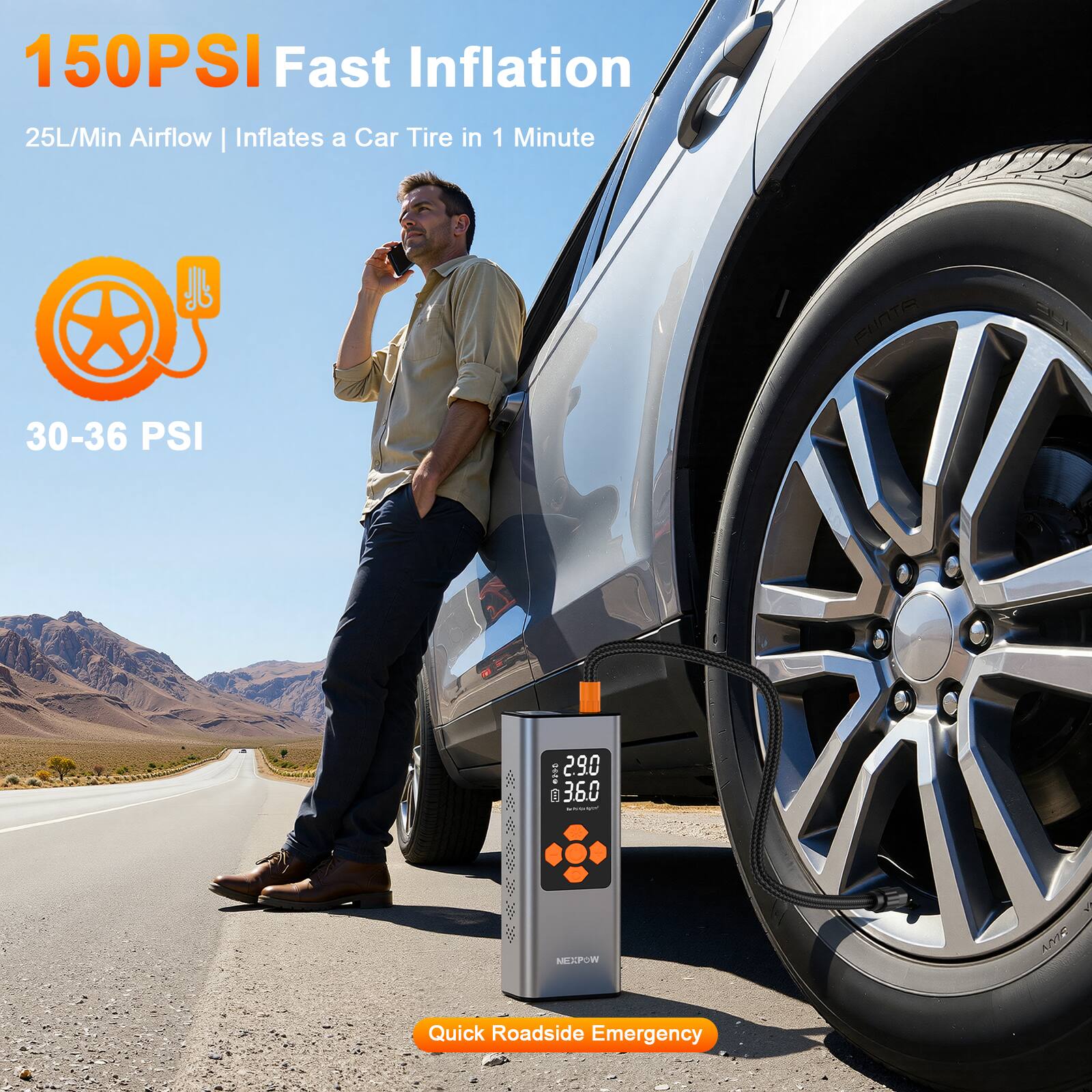 150PSI Fast Inflation  
25L/Min Airflow | Inflates a Car Tire in 1 Minute  
30-36 PSI  

FUNTA ED  
29.0 | 36.0  
MESPOW ADTE Quick Roadside Emergency