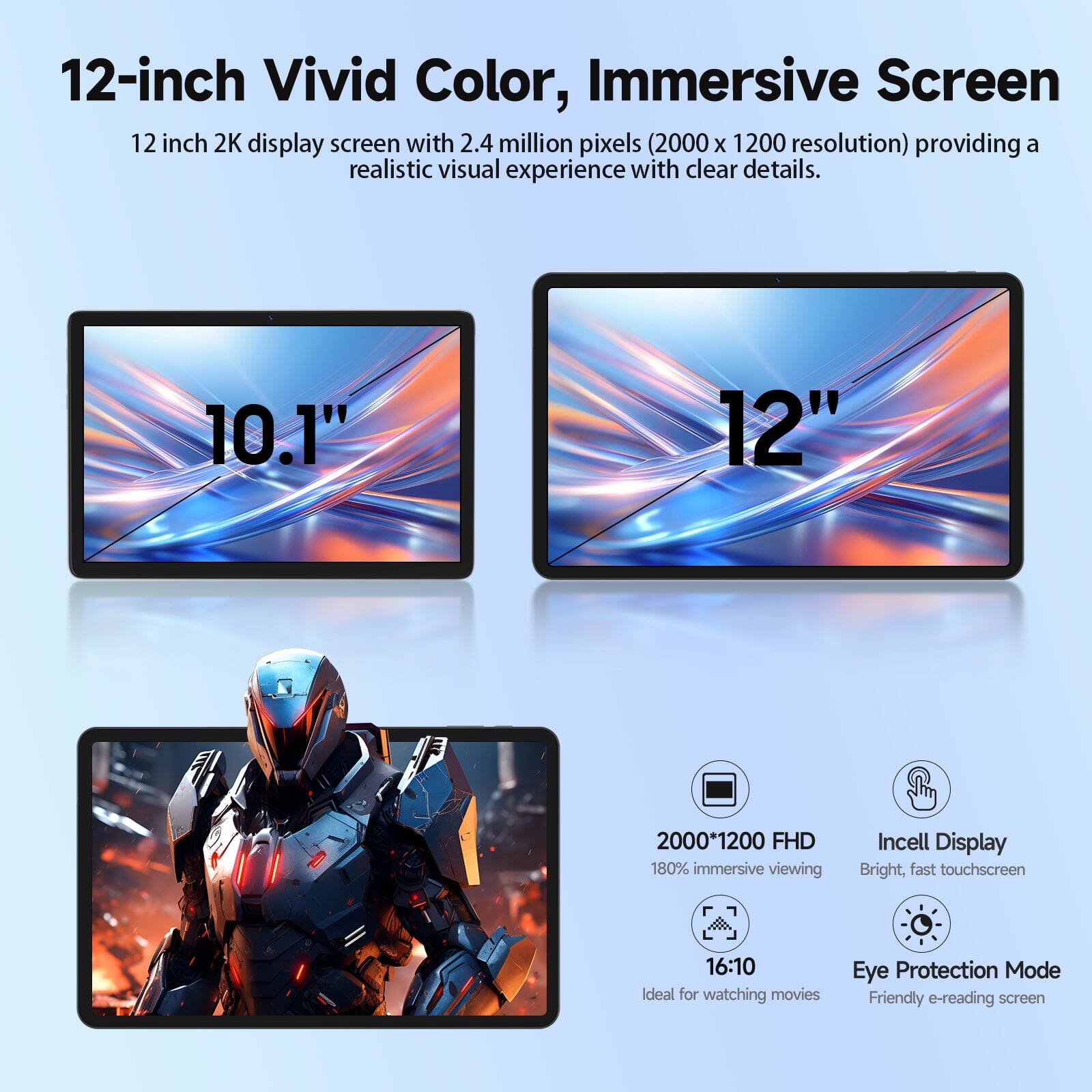 12-inch Vivid Color, Immersive Screen

12 inch 2K display screen with 2.4 million pixels (2000 x 1200 resolution) providing a realistic visual experience with clear details.

10.1"
12"

2000*1200 FHD 180% immersive viewing
Incell Display Bright, fast touchscreen

16:10 Ideal for watching movies
Eye Protection Mode Friendly e-reading screen