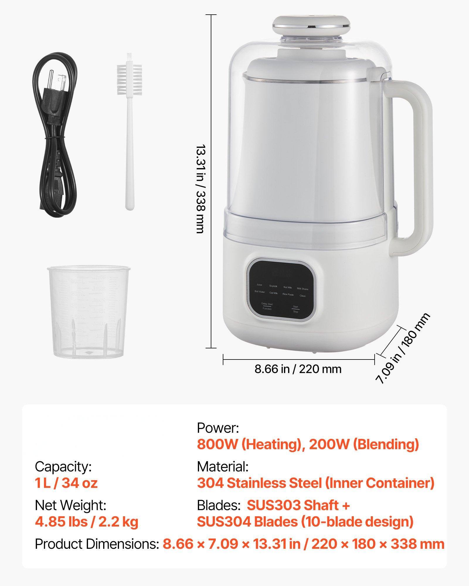 Power:  
800W (Heating), 200W (Blending)  

Capacity:  
1L / 34 oz  

Material:  
304 Stainless Steel (Inner Container)  

Net Weight:  
4.85 lbs / 2.2 kg  

Blades:  
SUS303 Shaft + SUS304 Blades (10-blade design)  

Product Dimensions:  
8.66 in / 220 mm x 7.09 in / 180 mm x 13.31 in / 338 mm