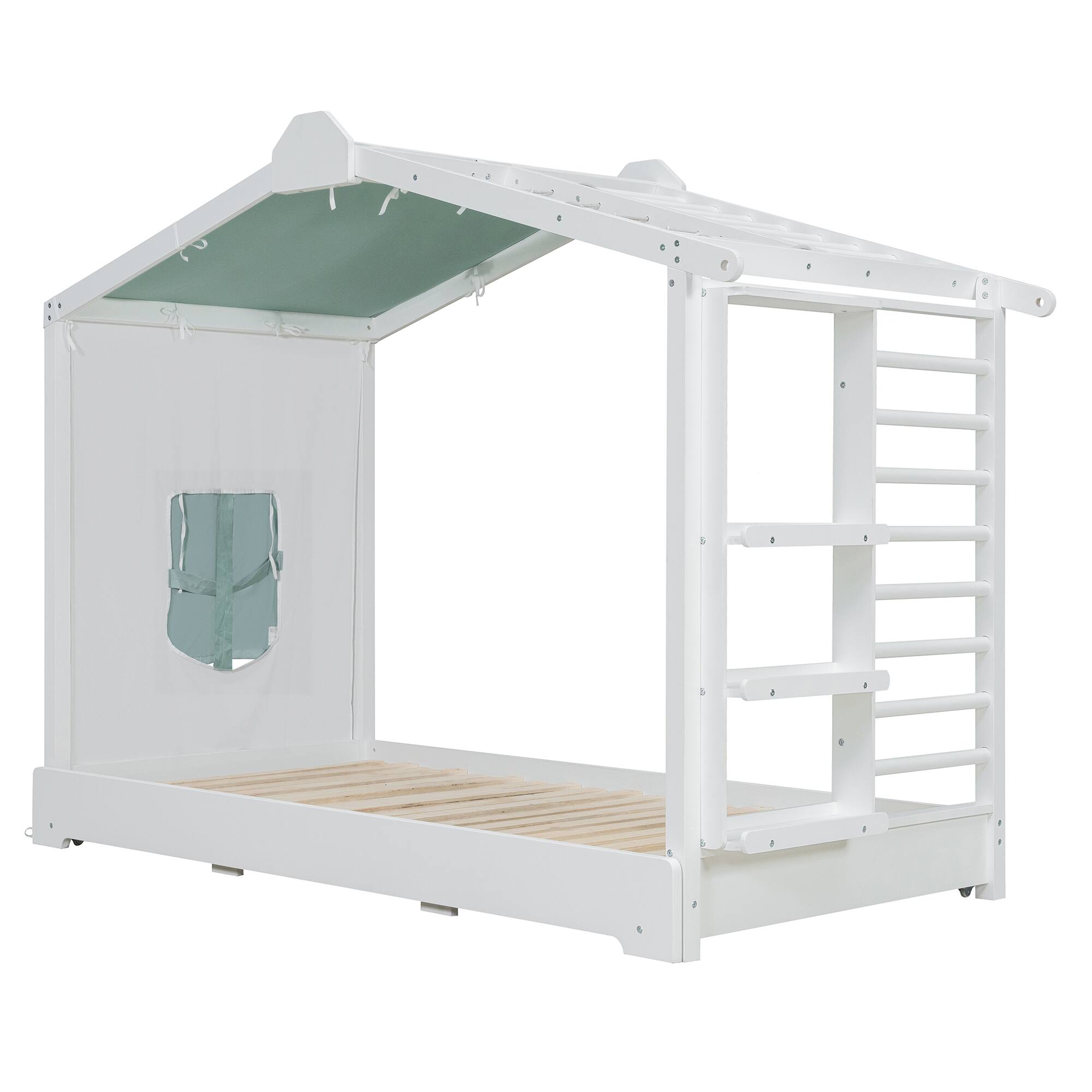 Back. Anysun - Twin Size House Bed with Twin Size Trundle and Side Shelves - White.