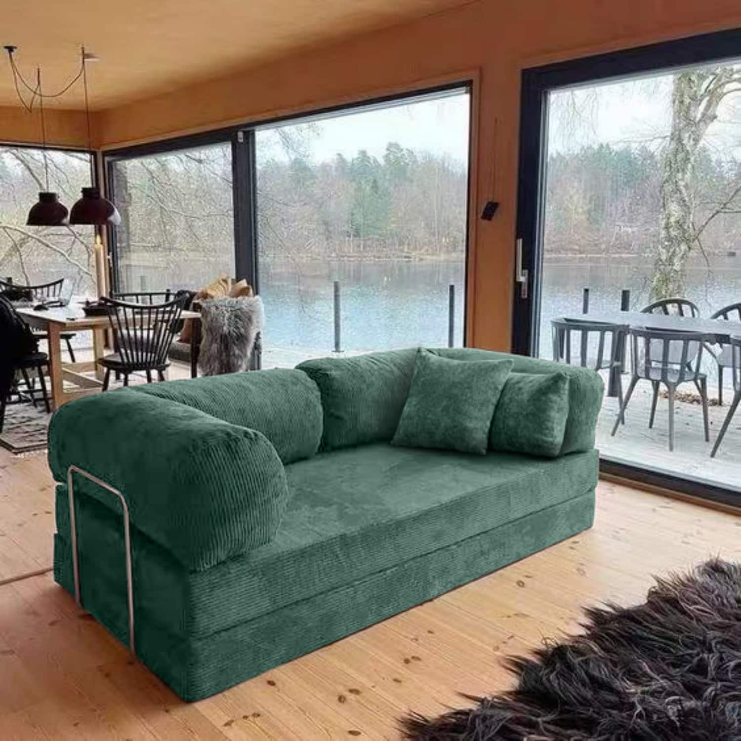 Front. KERDOM - 62'' Wide Corduroy Sleeper Sofa Bed, Convertible Loveseat Sofa With Pull-out Bed, Foldable Spliced Block Lounge Couch - Green.