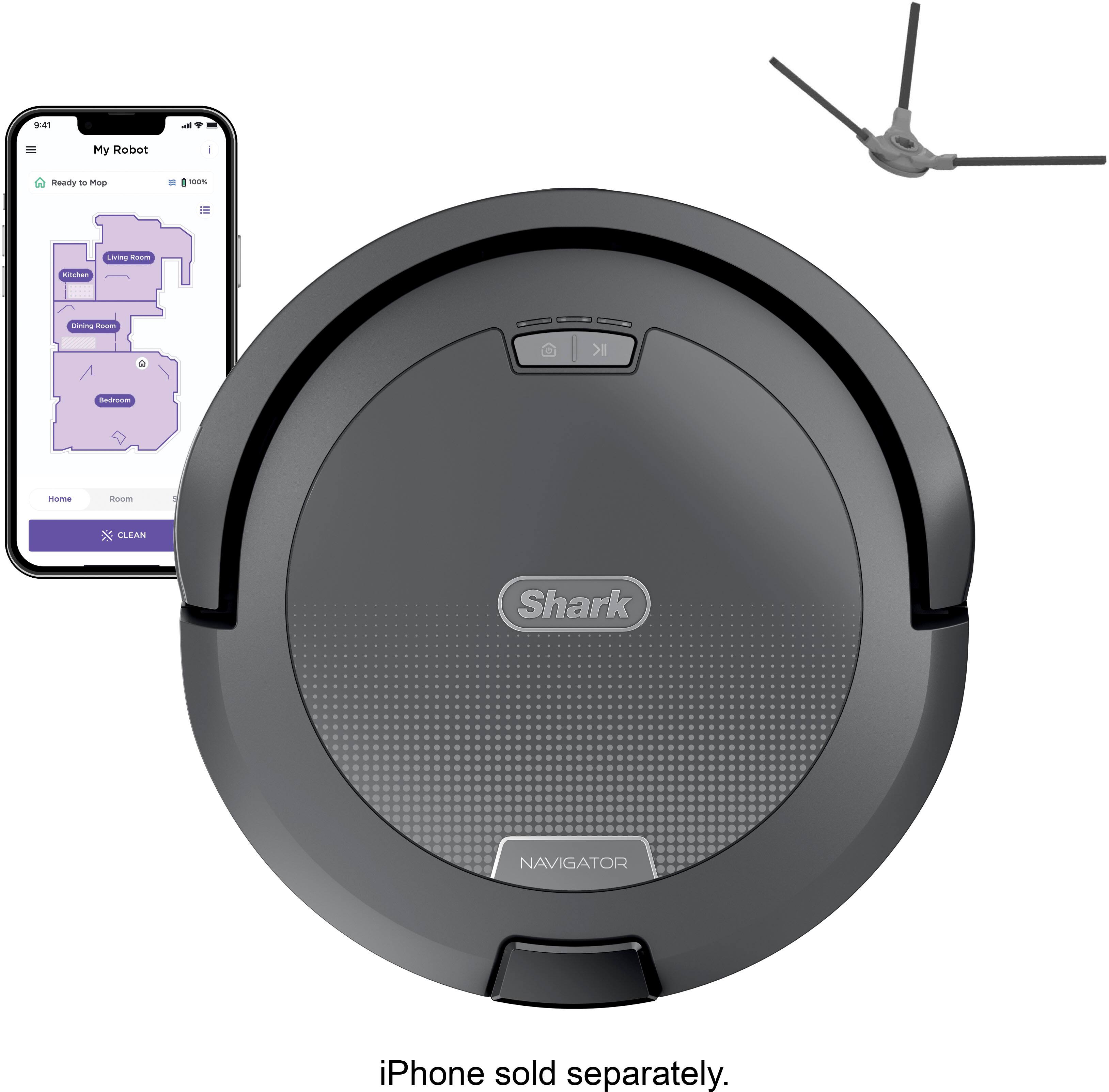 The text on the image reads: "3:41 My Robot Reedy - Moo - Lising -o - immg asom IK cE noma - x CLEAN Shark NAVIGATOR iPhone sold separately."