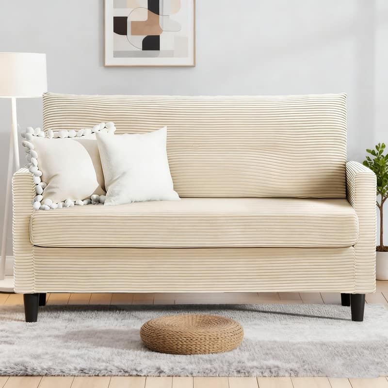 Vipbear - 50" Small Loveseat Sofa Couch Corduroy Comfy Love Seat with Spring Cushion, Solid Wood Frame, Tool-Free Assembly - Beige