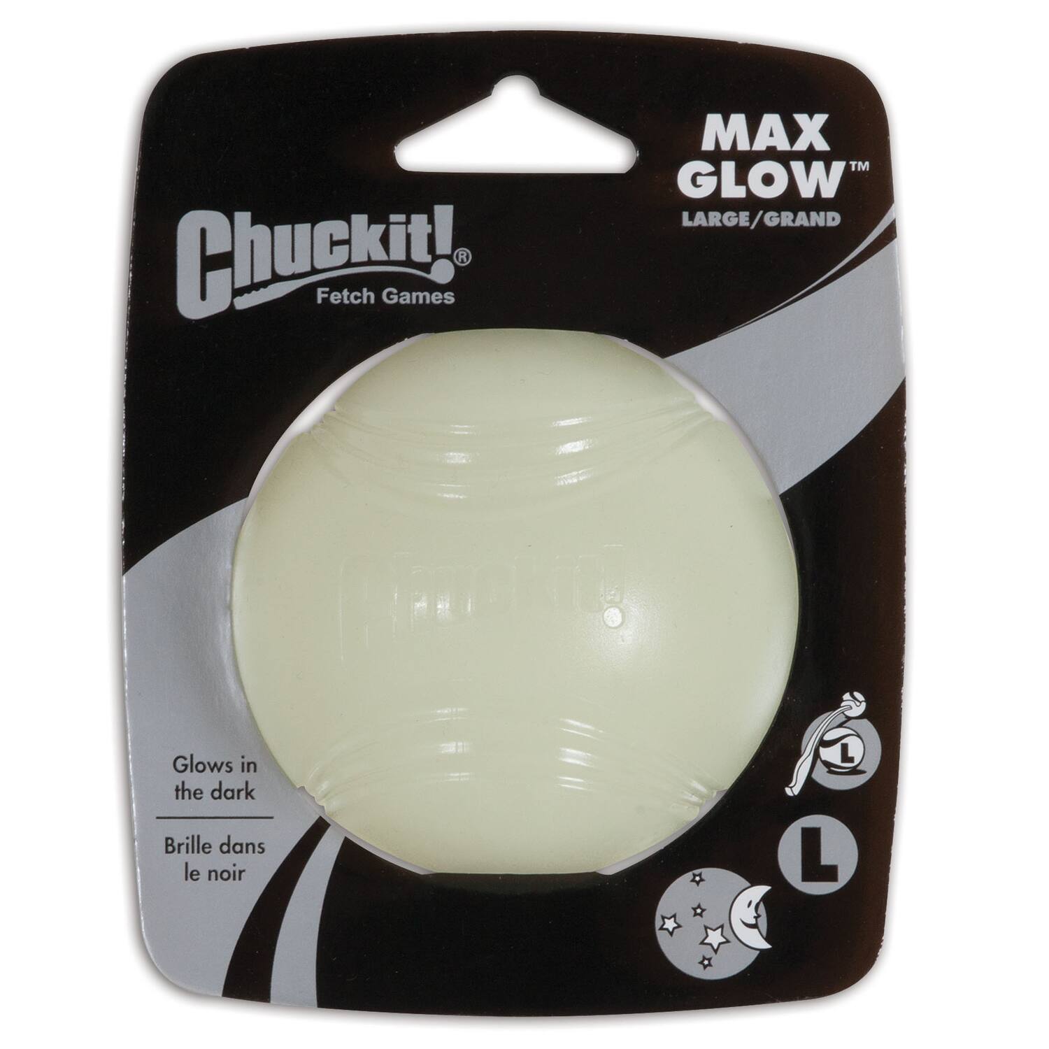 Chuckit! Fetch Games MAX GLOW LARGE/GRAND  
Glows in the dark  
Brille dans le noir