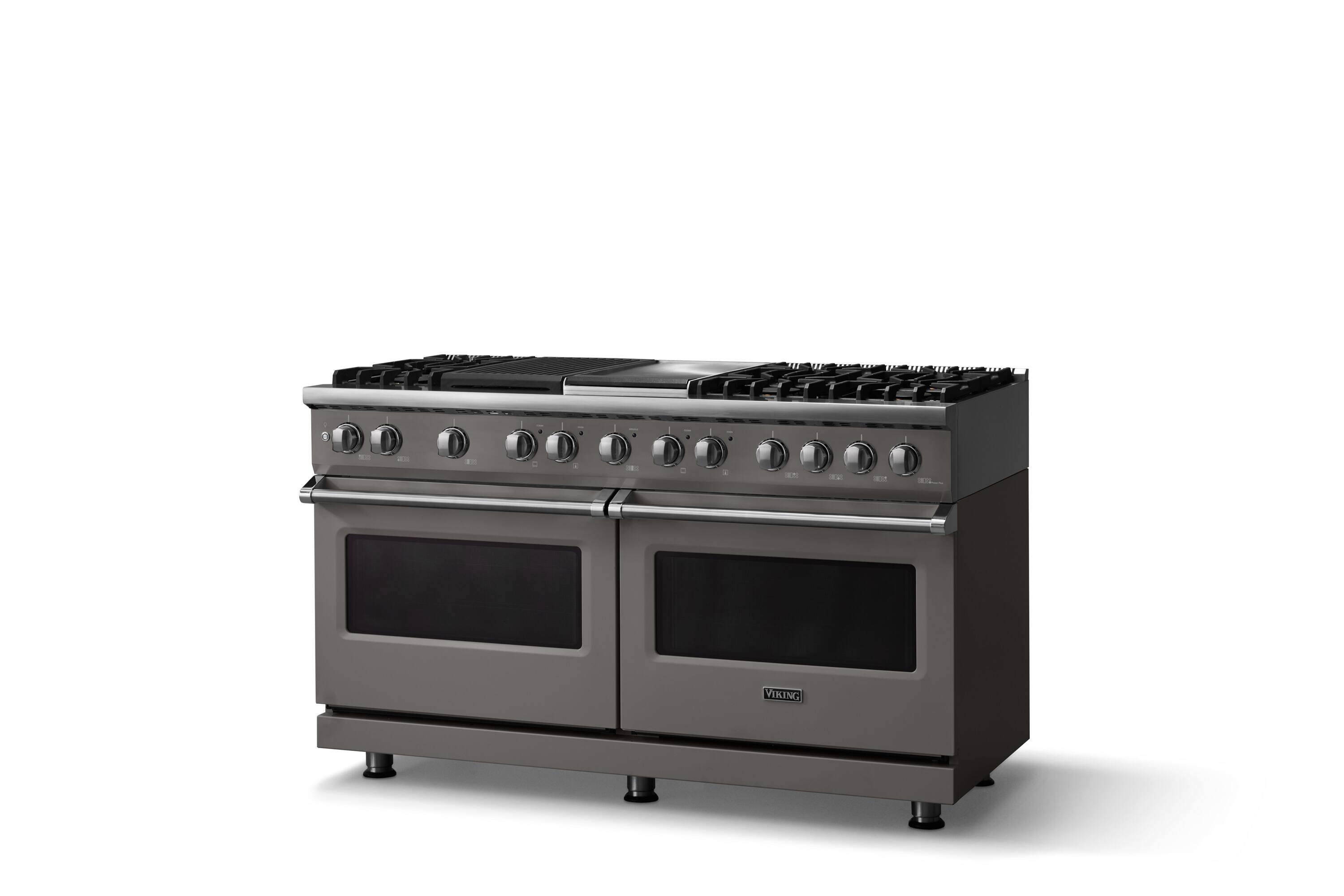 Angle. Viking - 60 in. Wide 8 Burner Pro 5 Series 9.4 Cu. Ft. Freestanding Sealed LP Dual Fuel ConvectionRange - Damascus Gray.