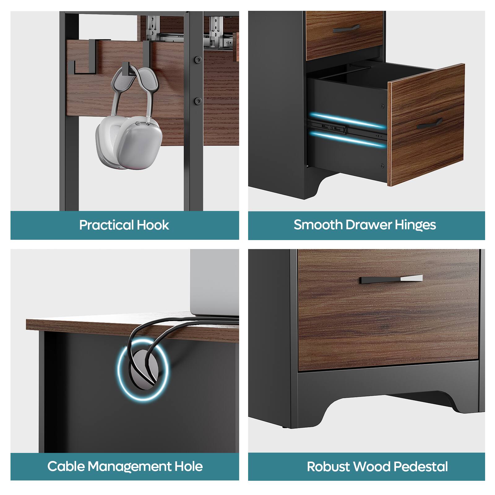 Practical Hook, Smooth Drawer Hinges, Cable Management Hole, Robust Wood Pedestal
