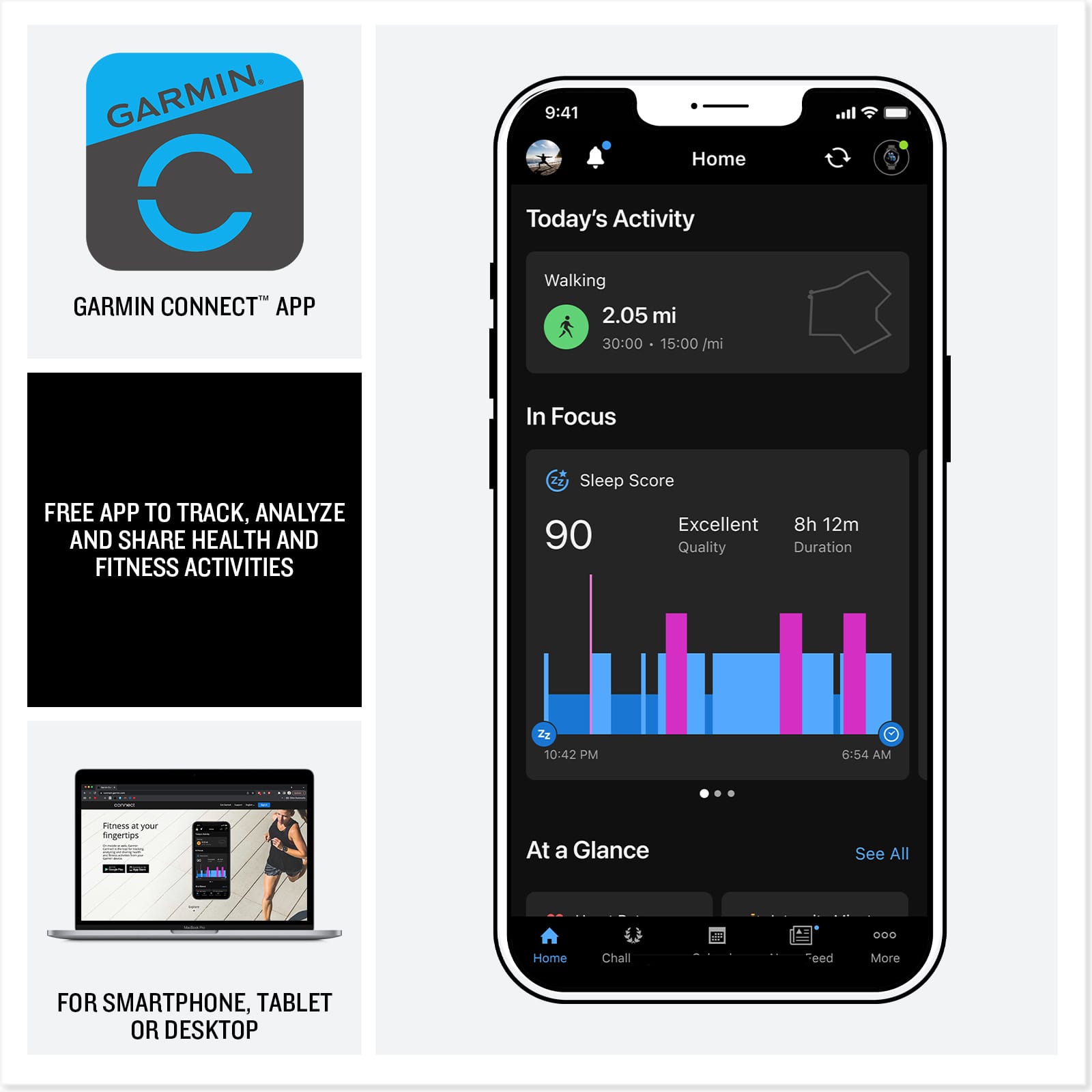 GARMIN CONNECT APP
Today's Activity: Walking 2.05 mi, 30:00, 15:00/mi
In Focus: FREE APP TO TRACK, ANALYZE AND SHARE HEALTH AND FITNESS ACTIVITIES
Sleep Score: Excellent, 8h 12m, 90 Quality, Duration: 10:42 PM - 6:54 AM
Fitness at a Glance: See All
For Smartphone, Tablet or Desktop