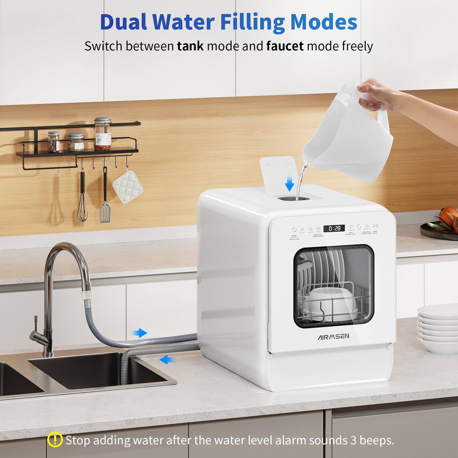 Dual Water Filling Modes: Switch between tank mode and faucet mode freely. Stop adding water after the water level alarm sounds 3 beeps.