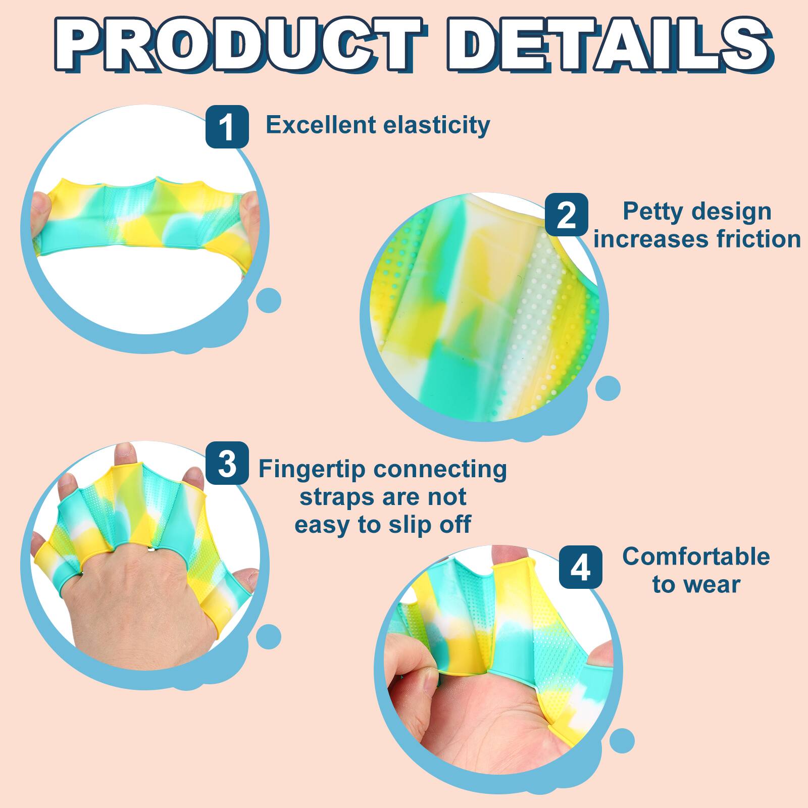 PRODUCT DETAILS

1. Excellent elasticity
2. Petty design increases friction
3. Fingertip connecting straps are not easy to slip off
4. Comfortable to wear
