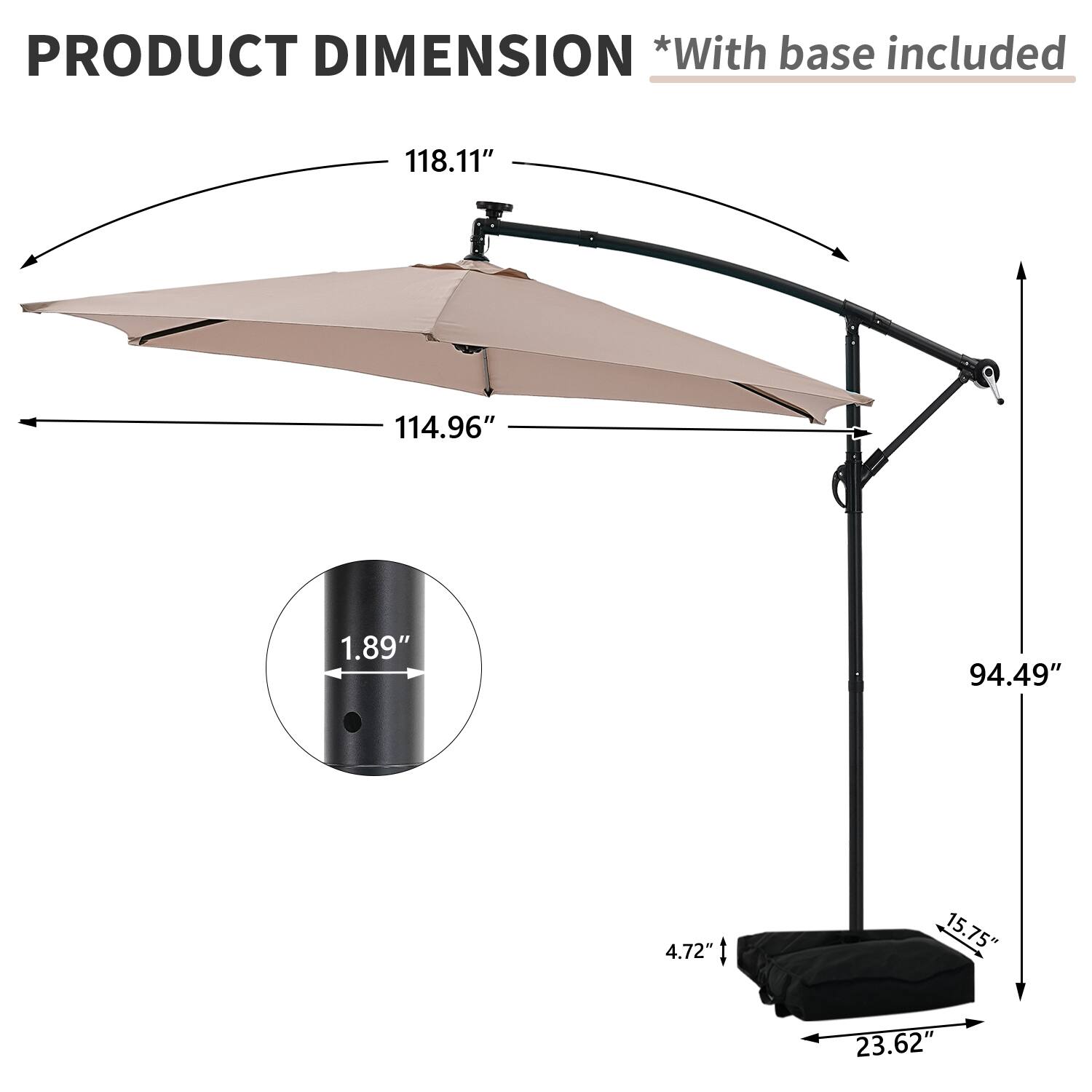 PRODUCT DIMENSION *With base included

- 118.11"
- 114.96"
- 1.89"
- 94.49"
- 4.72"
- 15.75"
- 23.62"