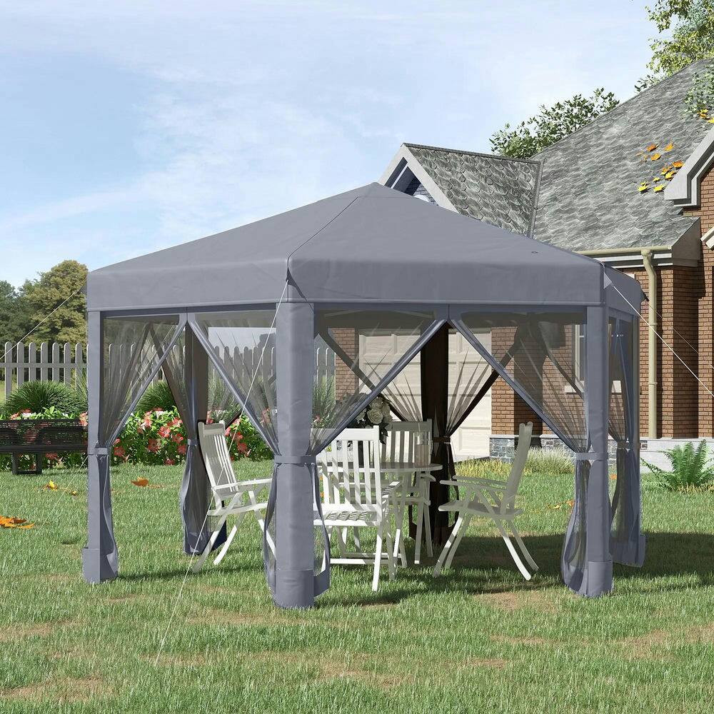 Angle. Spaco - Spaco 13' x 11' Hexagonal Pop Up Gazebo,6 Sidewall Netting,Adjustable Height - Dark Grey.