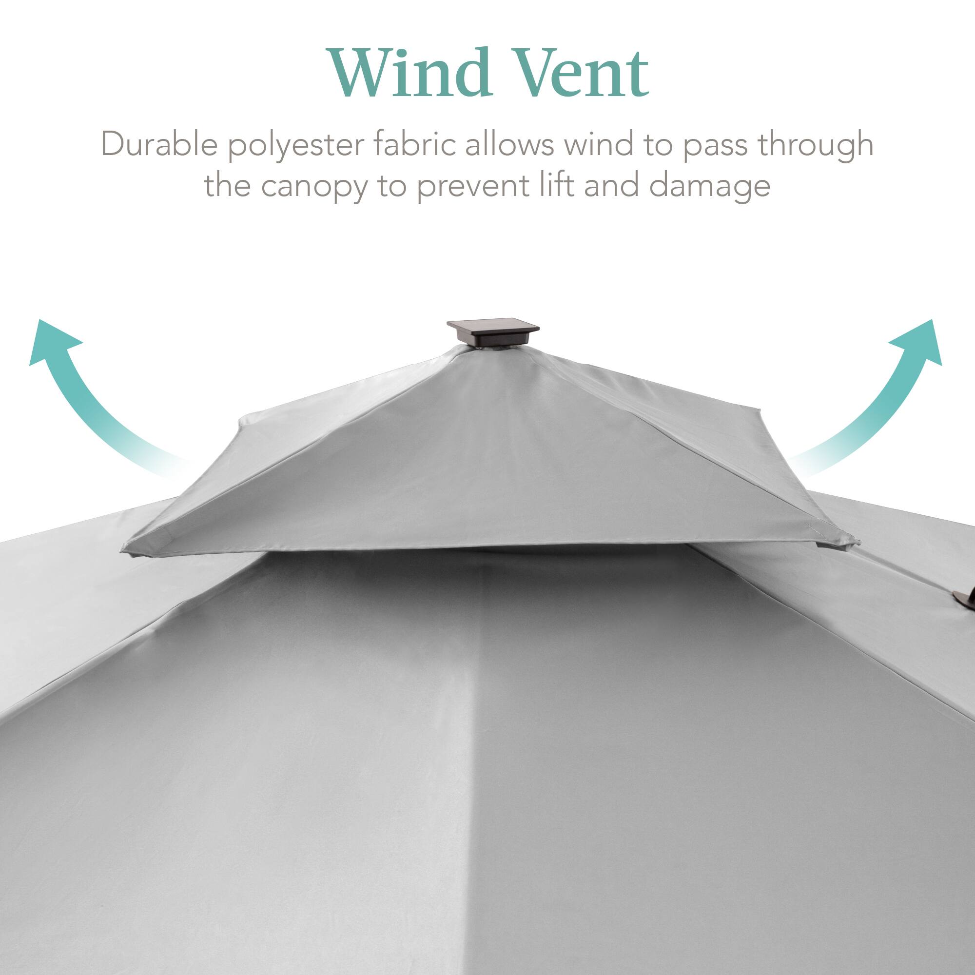 Wind Vent

Durable polyester fabric allows wind to pass through the canopy to prevent lift and damage