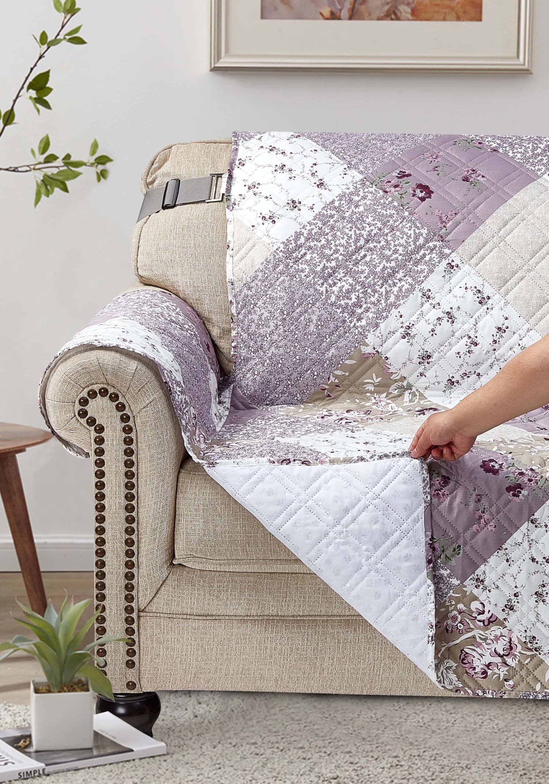 Back. Fabibe - Lilac and Beige Rose Patchwork Quilted Large Recliner Slipcover, 28" Seat Width, Slip Resistant Furniture Protector - Blue Beige 28" Large Recliner.